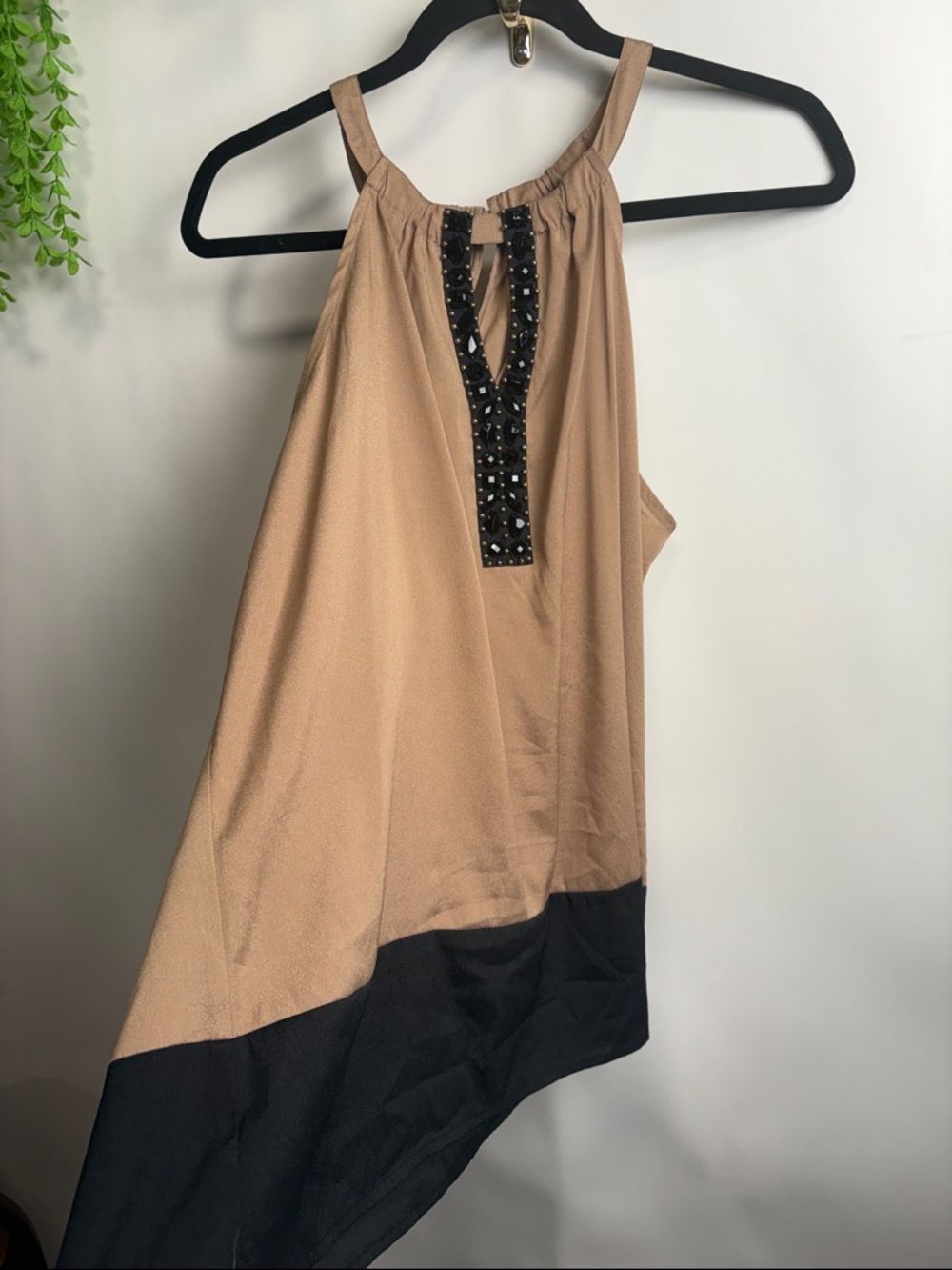 New York & Company Metallic Bronze Halter Dress with Black Embellished Panel